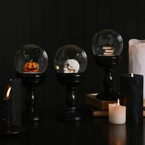 Skull Snow Globe with Crow - Black