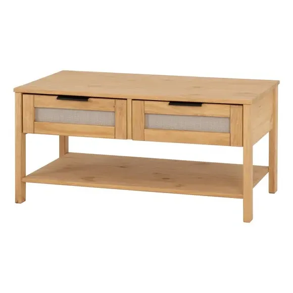 2 Drawer Coffee Table with Rattan - Brown, Pine