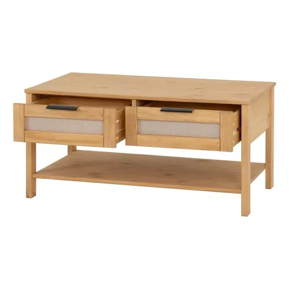 2 Drawer Coffee Table with Rattan - Brown, Pine