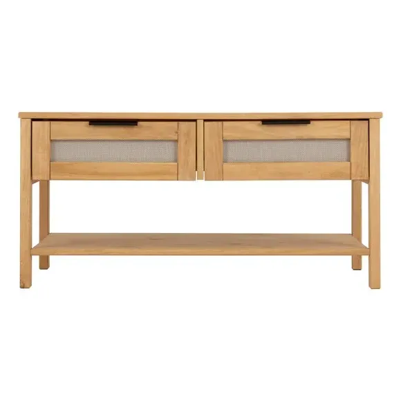 2 Drawer Coffee Table with Rattan - Brown, Pine