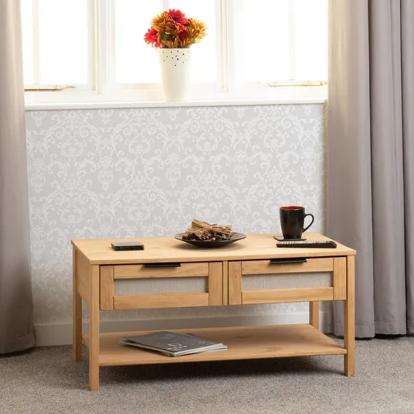 2 Drawer Coffee Table with Rattan - Brown, Pine image