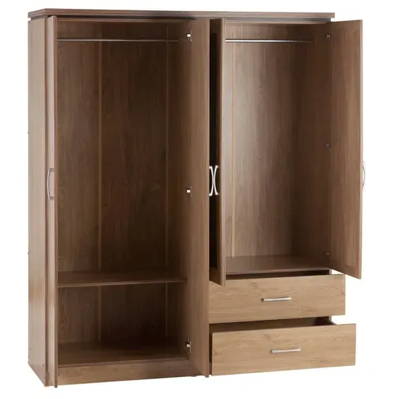 4-Door Wardrobe with Mirror - Oak, Veneer