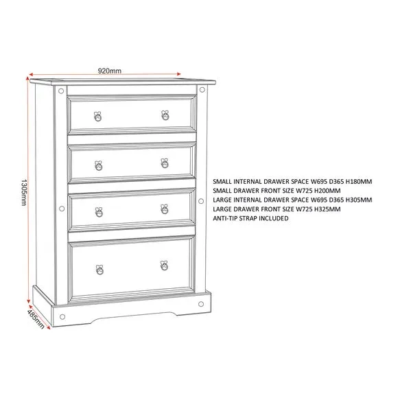 4-Drawer Chest with Metal Details - Pine