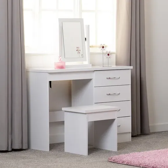 4-Drawer Dressing Table Set with Mirror - White