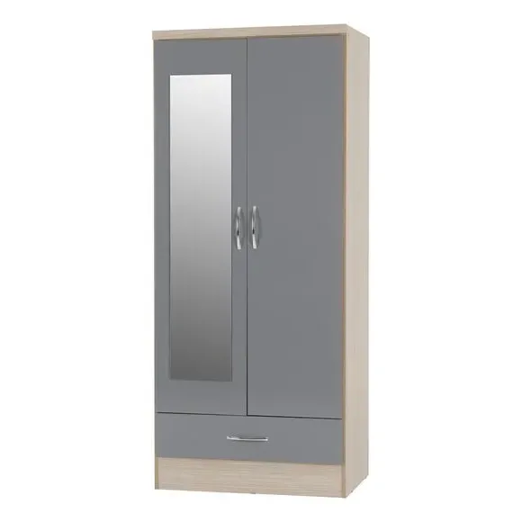 Double Wardrobe with Drawer - Grey