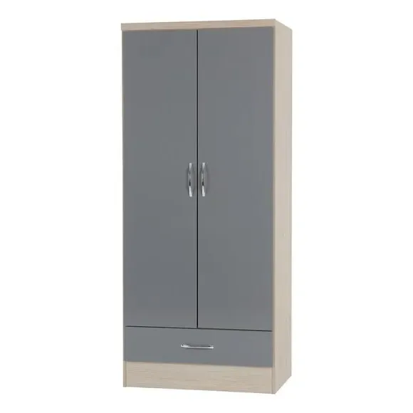 Double Wardrobe with Drawer - Grey