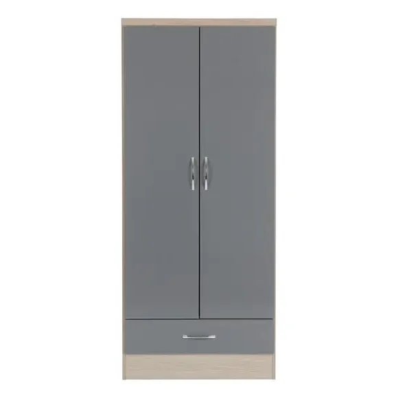 Double Wardrobe with Drawer - Grey