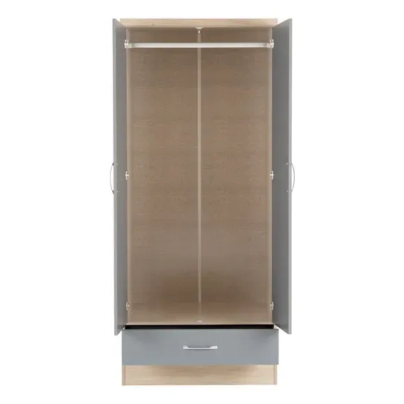 Double Wardrobe with Drawer - Grey