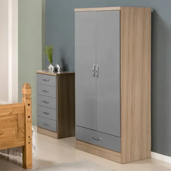 Double Wardrobe with Drawer - Grey