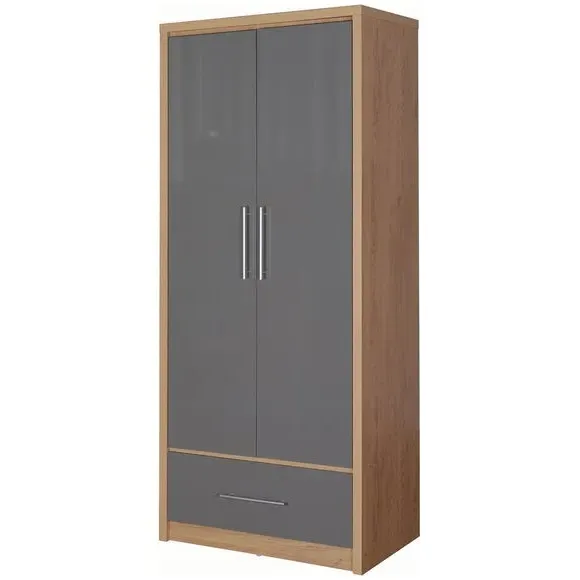 Double Wardrobe with Drawer - Grey, Oak Veneer image