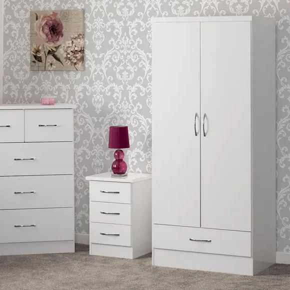 Double Wardrobe with Drawer - White