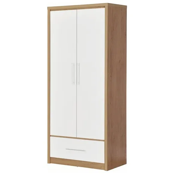 Double Wardrobe with Drawer - White, Oak Veneer