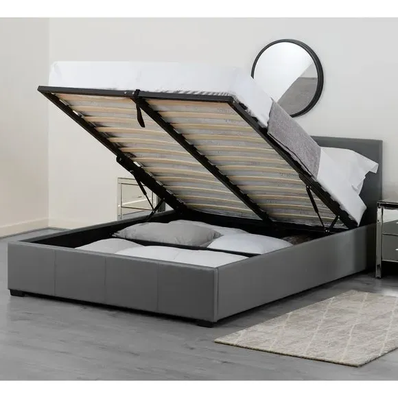 Ottoman Bed Frame with Storage - Light Grey, Faux Leather