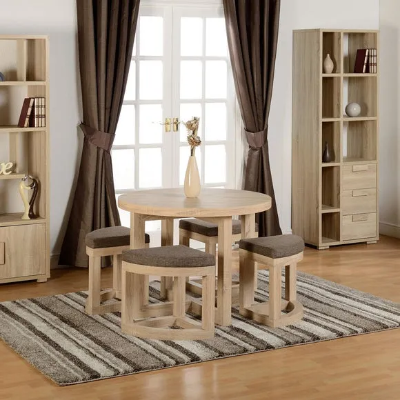 Round Dining Set with Stowaway Chairs - Natural