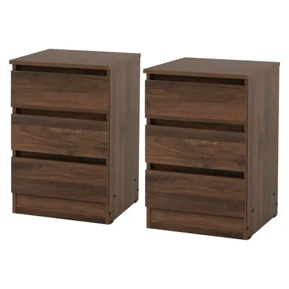Set of 2 Bedside Tables with 3 Drawers - Walnut