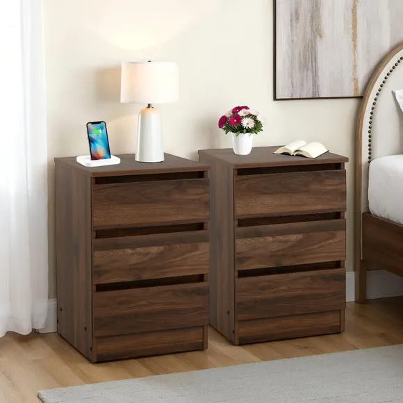 Set of 2 Bedside Tables with 3 Drawers - Walnut