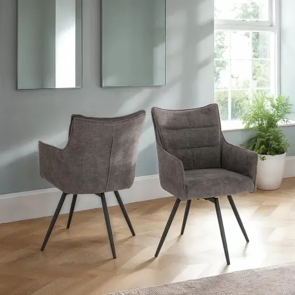 Set of 2 Carver Swivel Dining Chairs - Grey, Fabric