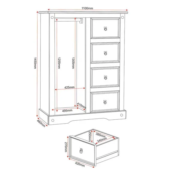 Single 4-Drawer Wardrobe - Natural, Pine