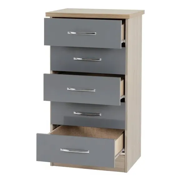 Slim 5-Drawer Chest - Grey, Oak Veneer
