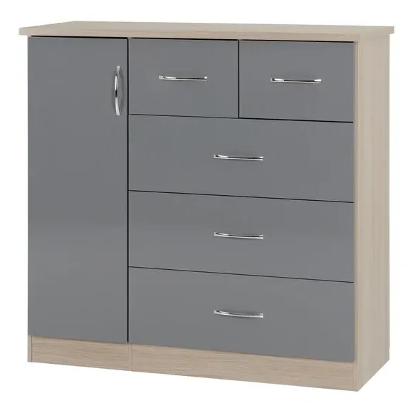 Small Single 5 Drawer Wardrobe - Grey, Oak Veneer