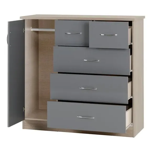 Small Single 5 Drawer Wardrobe - Grey, Oak Veneer