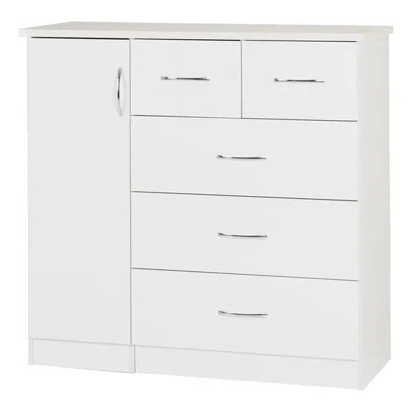 Small Single 5 Drawer Wardrobe - White, Oak Veneer