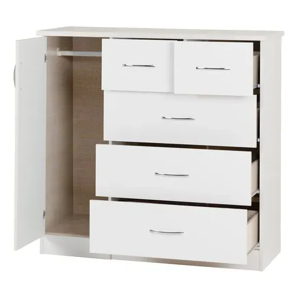 Small Single 5 Drawer Wardrobe - White, Oak Veneer