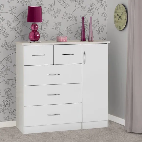 Small Single 5 Drawer Wardrobe - White, Oak Veneer