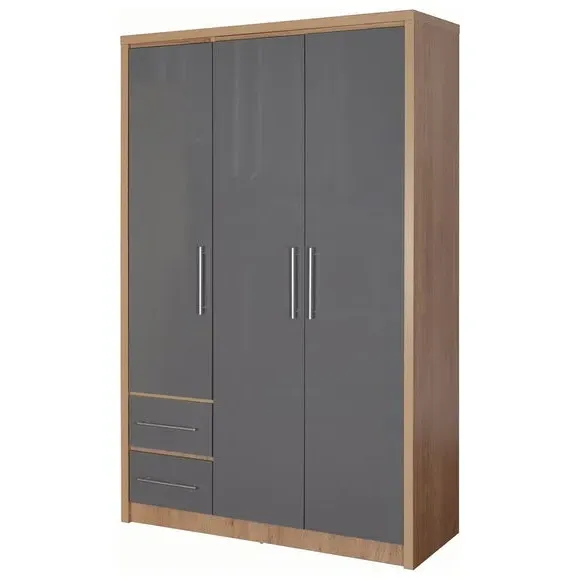 Triple 2 Drawer Wardrobe - Grey, Oak Veneer image