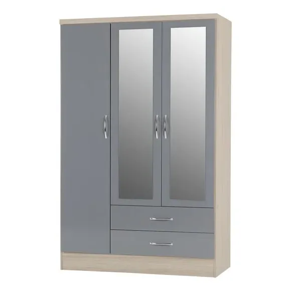 Triple Wardrobe with Mirror - Grey, Oak