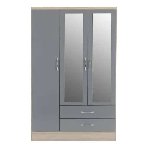 Triple Wardrobe with Mirror - Grey, Oak