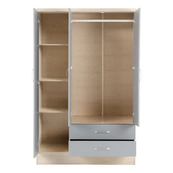 Triple Wardrobe with Mirror - Grey, Oak