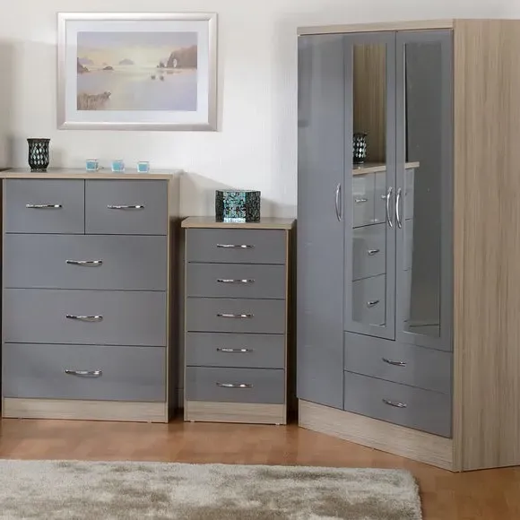 Triple Wardrobe with Mirror - Grey, Oak