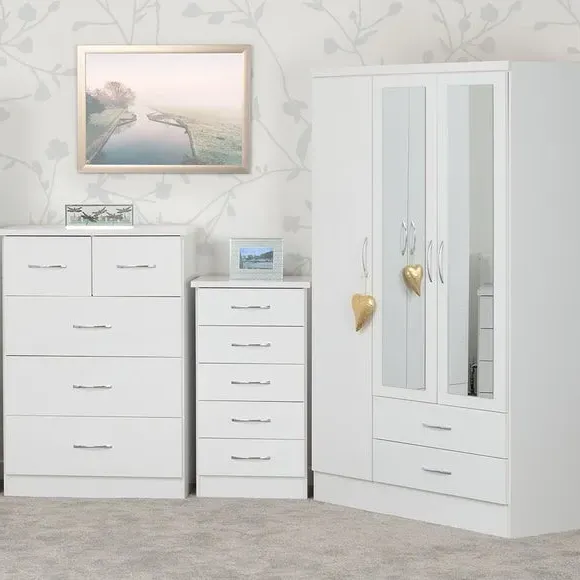 Triple Wardrobe with Mirror - White, Oak image