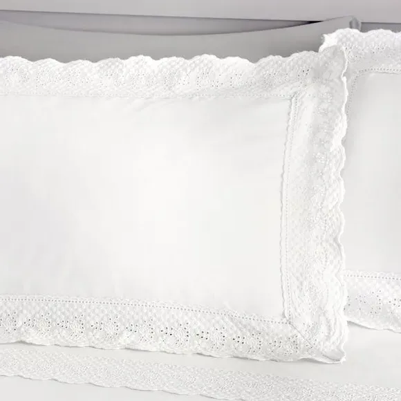 Duvet Cover Set with Lace Trim - White, Cotton