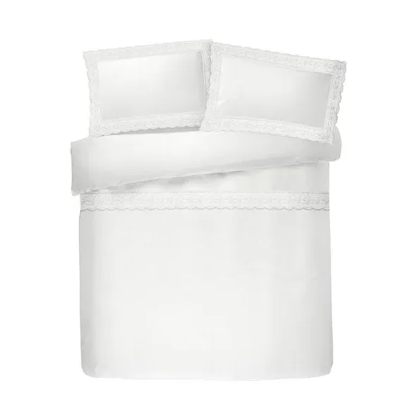 Duvet Cover Set with Lace Trim - White, Cotton