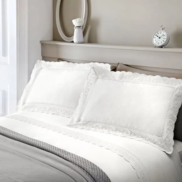 Duvet Cover Set with Lace Trim - White, Cotton image