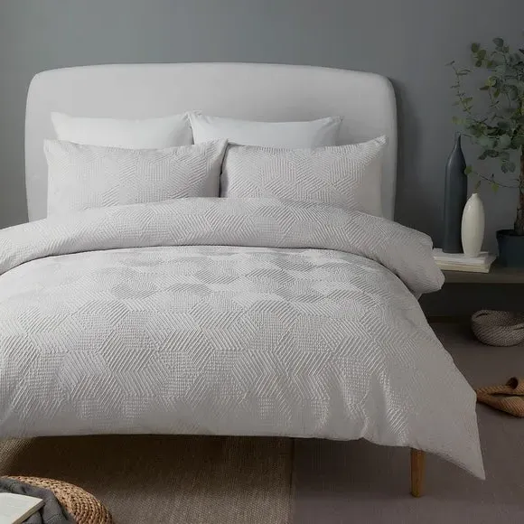 Embossed Geo Duvet Cover Set - Grey, Polyester