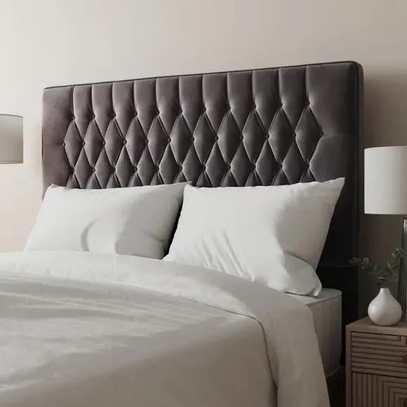 Floor Standing Chesterfield Headboard - Grey, Velvet