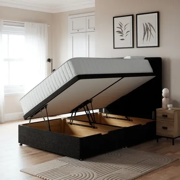 Side Ottoman Bed Frame - Black, Teddy Fabric