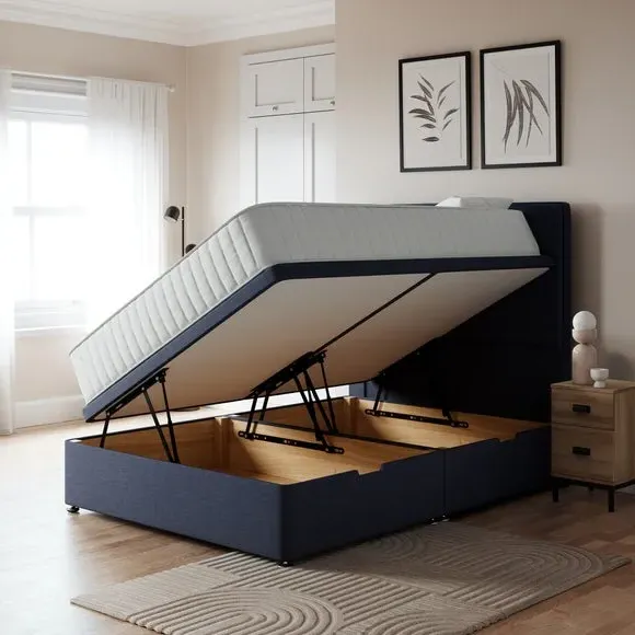 Side Ottoman Bed Frame with Storage - Navy, Linen