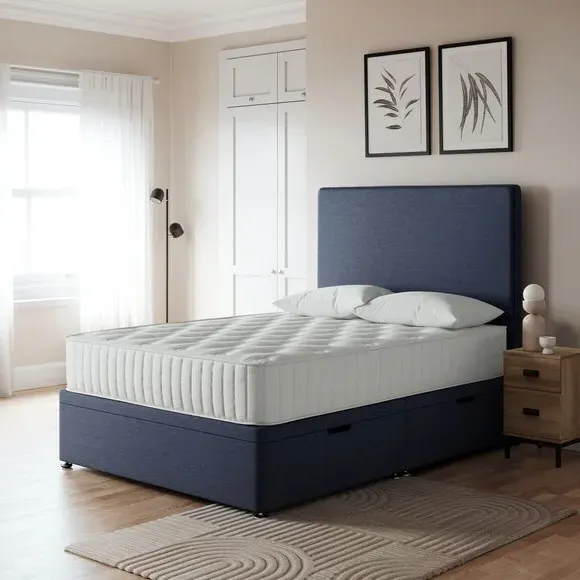 Side Ottoman Bed Frame with Storage - Navy, Linen