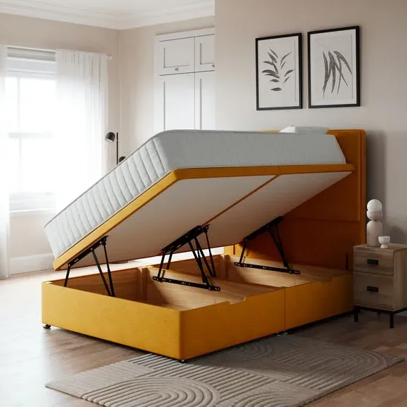 Side Ottoman Bed Frame with Storage - Ochre, Linen