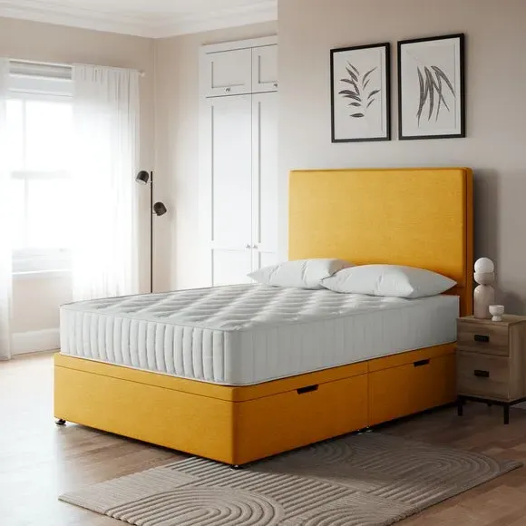 Side Ottoman Bed Frame with Storage - Ochre, Linen