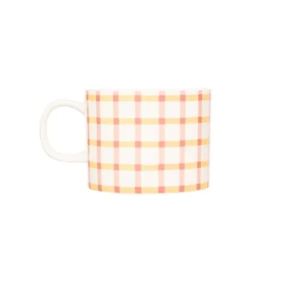 4-Piece Mug Set Gingham Pattern - Pink, Bone China
