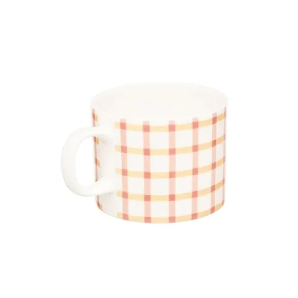 4-Piece Mug Set Gingham Pattern - Pink, Bone China