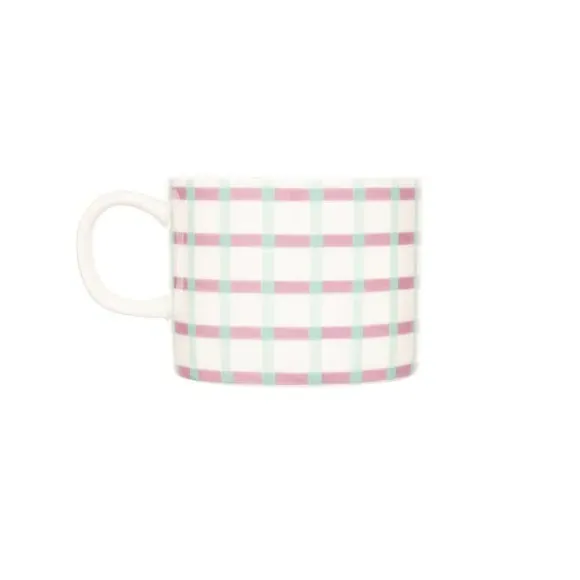 4-Piece Mug Set Gingham Pattern - Purple, Bone China