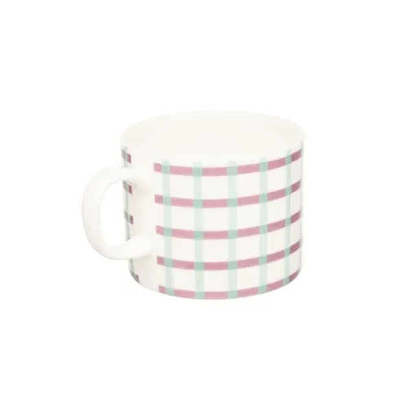 4-Piece Mug Set Gingham Pattern - Purple, Bone China