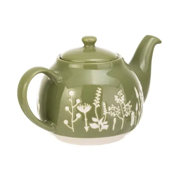 6 Cup Teapot Floral Design - Green, Stoneware