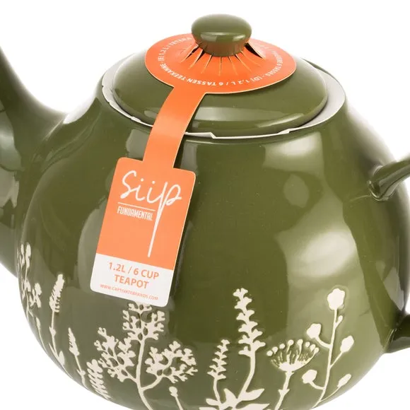 6 Cup Teapot Floral Design - Green, Stoneware